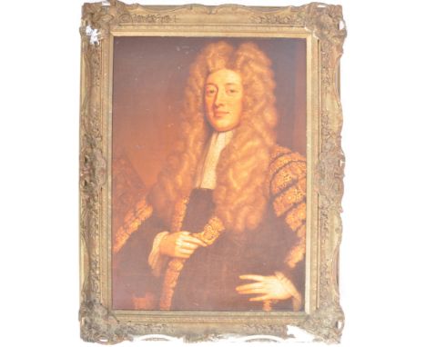 A 20th Century oleograph on canvas portrait painting depicting a wealthy gentleman seated in full garments. Set with a gilt f