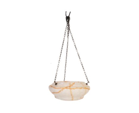 An early 20th Century Art Deco 1930's glass ceiling hanging light lamp shade. Mottled finish with white ground having faux ma