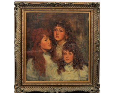 A 19th Century oil on canvas portrait painting study depicting three young ladies. The painting set within swept gesso frame 