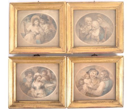 A set of four 19th Century hand coloured engravings. Each depicting figures with pipe smoking gent &amp; elderly lady knittin