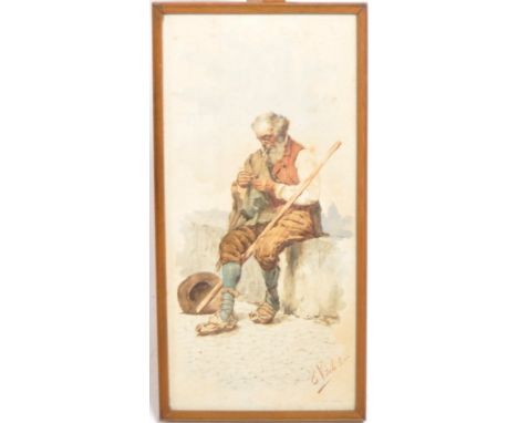 A 19th Century Italian School watercolour on paper portrait study depicting a elderly gentleman with pipe. Signed by artist E
