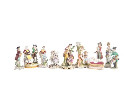 A collection of 10 x 19th century Victorian and later porcelain figurines to include Sitzendorf, and Dresden type designs the