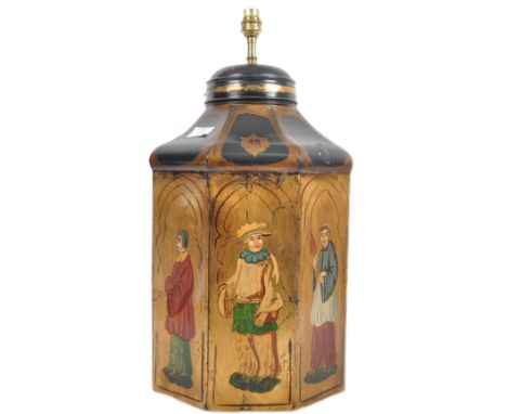 An early 20th Century painted Chinese style lantern light. Converted from a old Chinese tin tea container caddy having hand p
