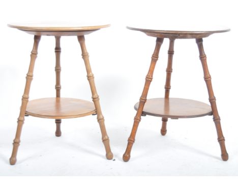 A Victorian manner mahogany cricket tables - side tables. Each being raised on bobbin turned legs with lower circular tiers b