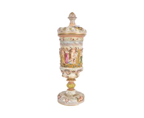 A 19th Century Capodimonte Italian Naples mark porcelain lidded urn vase. Using 18th Century moulds with relief decoration de