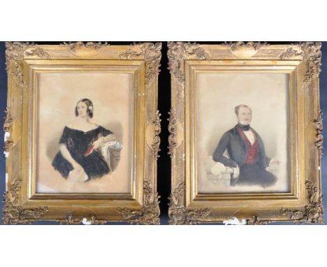 A pair of 19th Century watercolour on paper portrait study paintings depicting a lady &amp; gentleman in formal attire. The m