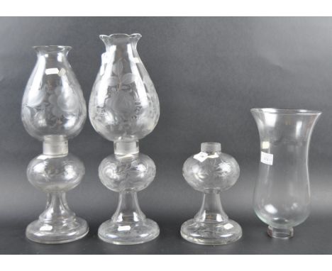 A set of thee 19th Century Victorian cut glass oil / table lamps. Each with etched / cut decoration depicting flowers with se