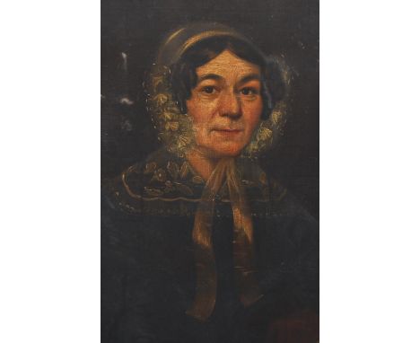 A 19th Century Victorian oil on canvas portrait painting study depicting a woman. The sitter modelled in black gown and lace 