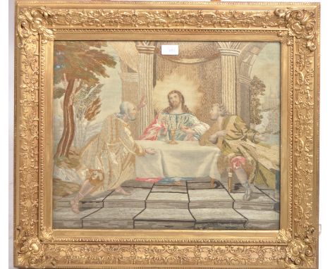 A 19th Century religious ecclesiastical silk embroidery / tapestry. Depicts Christ seated at table with two figures attending