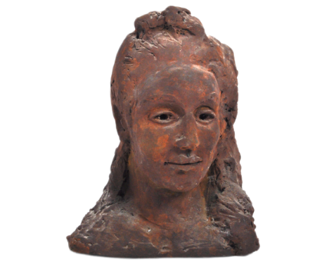 A 20th Century sculpture maquette portrait bust depicting a woman in brown clay. Detailed facial features with hair flowing. 