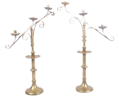 A pair of 19th Century brass ecclesiastical Gothic triple sconce candlesticks / candelabra in the manner of EW Pugin. Three c