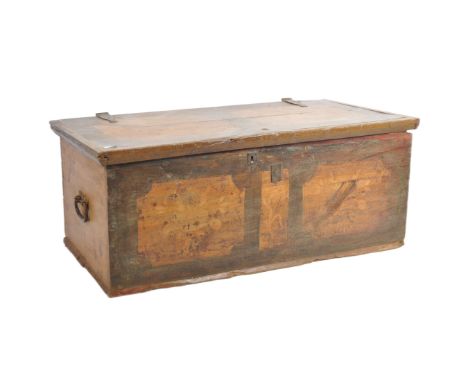A 19th Century Dutch painted pine trunk blanket box chest. Wrought iron strapwork throughout with hand painted decoration to 