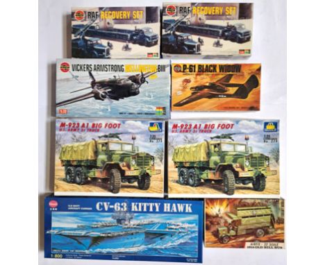 Airfix, Italeri &amp; Kitech, a boxed group of mixed scale military kits comprising of aircraft, vehicles and ships to includ