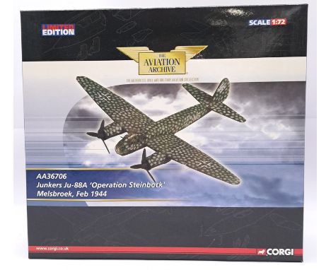 Corgi "Aviation Archive" a boxed 1/72 scale AA36706 Junkers JU-88A "Operation Steinbock Melsbroek", Feb 1944. Although unchec
