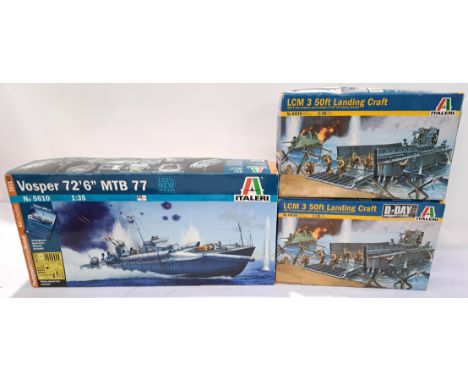 Italeri, a boxed group of 1:35 Scale Military Model Kits. Includes Vosper MTB Battleship No. 5610 &amp; a pair of LCM 50ft La