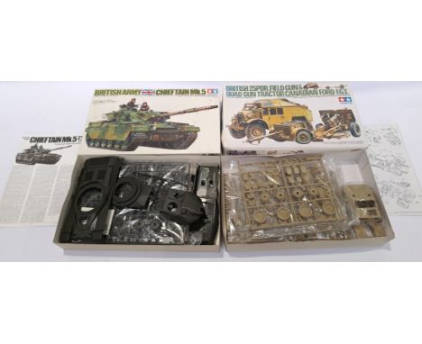 Tamiya, a boxed pair of 1:35 Scale Military Vehicles. Includes No.68 British Army Chieftain Mk.5 &amp; No.44 25PDR. Field Gun