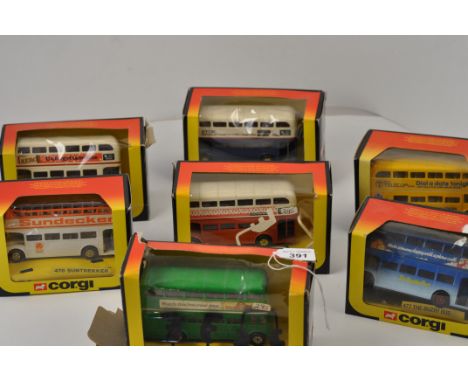 COLLECTION OF 7 CORGI DOUBLE DECKER BUSES ALL BOXED (SOME SHABBY)