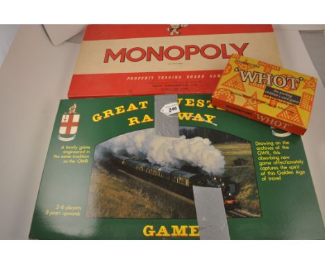 3 VINTAGE BOARD GAMES TO INCLUDE MONOPOLY, WHOT AND GREAT WESTERN RAILWAY GAME A/F