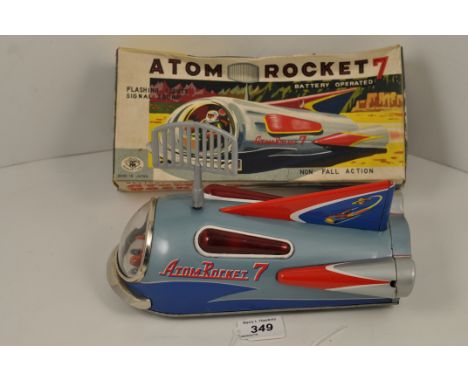 VINTAGE MODERN TOYS JAPAN TIN PLATE BATTERY OPERATED ATOM ROCKET 7 WITH ANTENNA AND ORIGINAL BOX