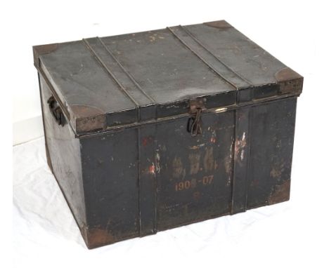 EDWARDIAN JAPANNED TRAVEL TRUNK
with carrying handles, 42.5cm high x 67cm wide x 53.5cm deep