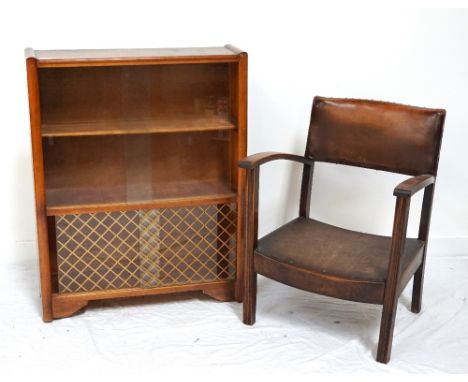 1950's OAK VENEERED BOOKCASEthe upper case with interior shelf, with upper and lower sliding glass doors, 89cm high x 70.5cm 