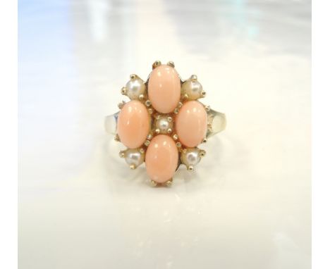 CORAL AND PEARL CLUSTER DRESS RINGon nine carat gold shank, ring size M