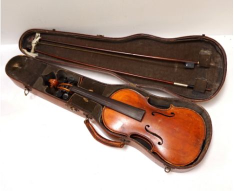 'ROBERT DUNCAN OF ABERDEEN' CASED VIOLINbearing a trade label, lacking furniture, 14 1/4" one piece back (excluding button), 