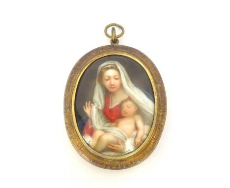 EARLY VICTORIAN OVAL PORTRAIT MINIATUREof The Madonna and Child, painted on porcelain, set in silver gilt frame, the reverse 