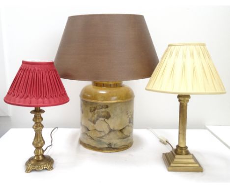 PAINTED TEA CADDY STYLE LAMPdecorated with houses amongst hills, with a brown shade, 64cm high, brass corinthian column lamp 
