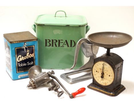 SMALL LOT OF VINTAGE KITCHEN COLLECTABLESincluding an enamelled bread bin, 'Beatrice' mincer, 'Cerebos' table salt tin and a 