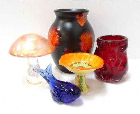 SELECTION OF CERAMICS AND GLASScomprising a Poole Pottery 'Galaxy' pattern vase with high gloss orange drip glaze on a matt b