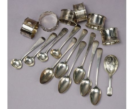 Six various silver napkin rings; a set of six silver teaspoons; four other silver spoons; &amp; a silver tea caddy spoon. 