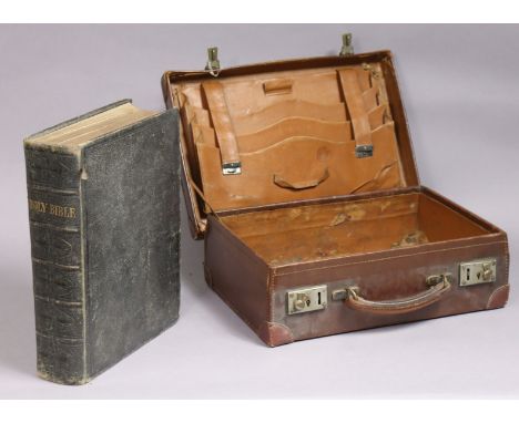 A vintage leather-bound Bible; &amp; a vintage tan leather small suitcase, 35.25cm wide. 