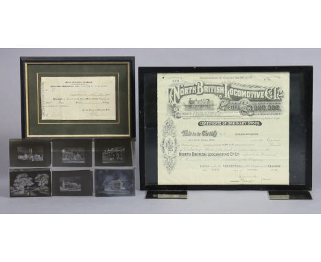 A mid-19th century Great Western Railway’s share issue receipt dated 1845; a mid-20th century North British Locomotive Compan
