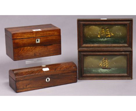 A Victorian rosewood two-division tea caddy, 19cm wide; a ditto trinket box, 24cm wide; &amp; a pair of modern small oil pain
