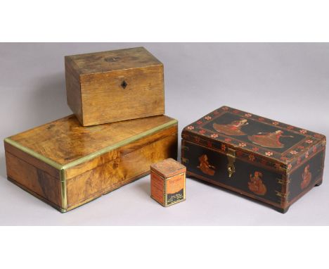 A 19th century brass-inlaid walnut writing box with a hinged lift-lid, 39.5cm wide; an eastern trinket box with painted figur