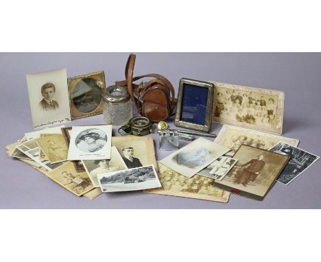 A WWI Verners pattern black lacquered pocket compass (No. 130173) with leather travelling case; a small silver rectangular ph