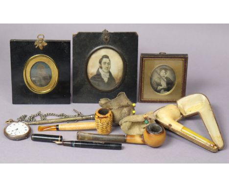 Three portrait miniatures, all framed; a Conway Stewart “No 286” fountain pen; three smoker’s pipes, etc.