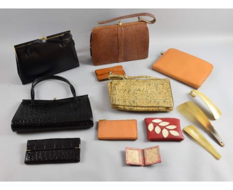 A collection of vintage handbags and purses in lizard skin and leather, including examples by Mappin and Webb and Ackery.    