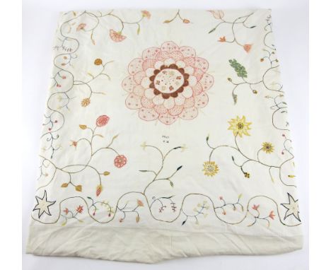  George III embroidered bed cover,  work  bed spread, dated 1784, Mary Booth, worked in silk and wool, mainly running stitch 