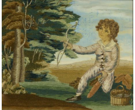  Early 19th century Woolwork and silk depicting  a boy with bow and arrow shooting a bird from its nest in the tree above, 30