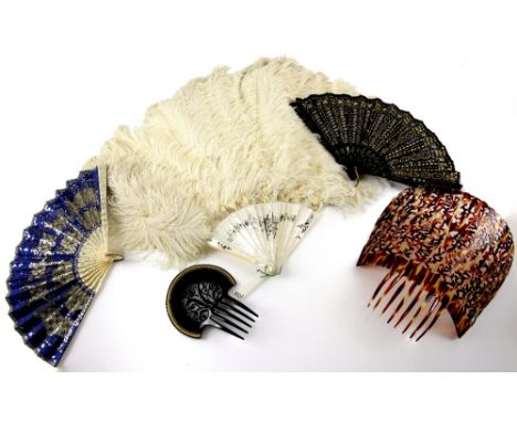 Edwardian Ostrich fan with mother of pearl inlaid sticks, Victorian fan, metal sequinned leaf bone guard, another in black, a