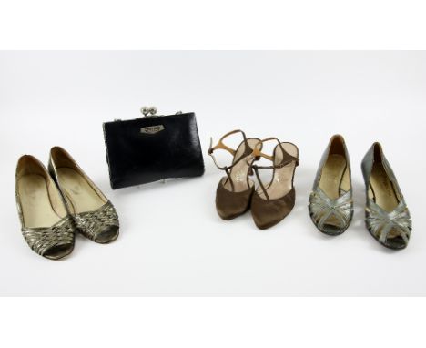 Art Deco leather handbag with chain strap, 1960s brown satin evening shoes Holmes Norwich, Apia Portugal peep toe shoes 40s- 