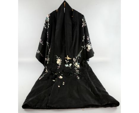 Japanese Kimono in blue satin and another in black, both with embroidered decoration and two Chinese dresses with button fast