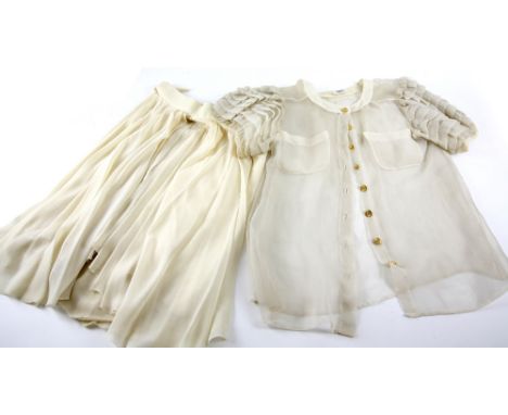 Vintage Spring 1990 Chanel Boutique rouched sleeve voile blouse and silk skirt with gilt buttons and skirt with draped panels