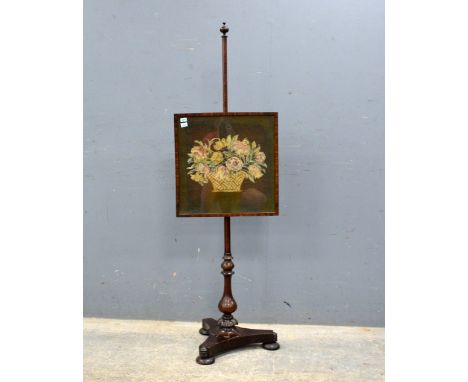 19th century mahogany pole screen, inset with tapestry panel of a basket of flowers,  42cm x 43cm .    
