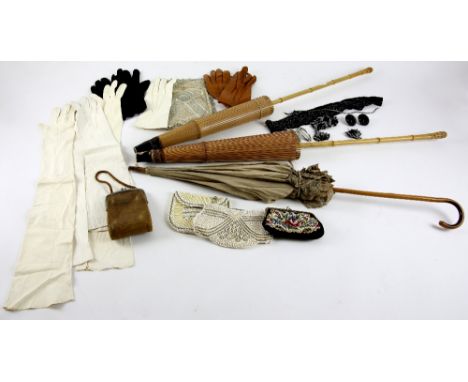  Antique and vintage beaded evening bags, parasols and kid leather gloves .    