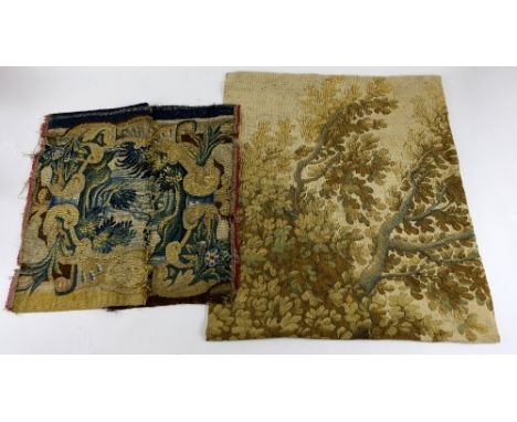 18th century Tapestry fragments  and an 1803 sampler worked by Mary Rudotoch, unframed.    