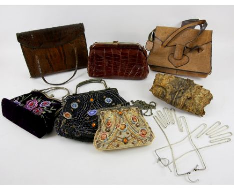 Vintage 1930's crocodile handbag, a lizard skin bag, later beaded bags and metal glove forms .    