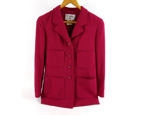 Chanel blazer style silk lined jacket from Autumn 1998 collection with typical chain to hem in fine raspberry wool size 40.. 